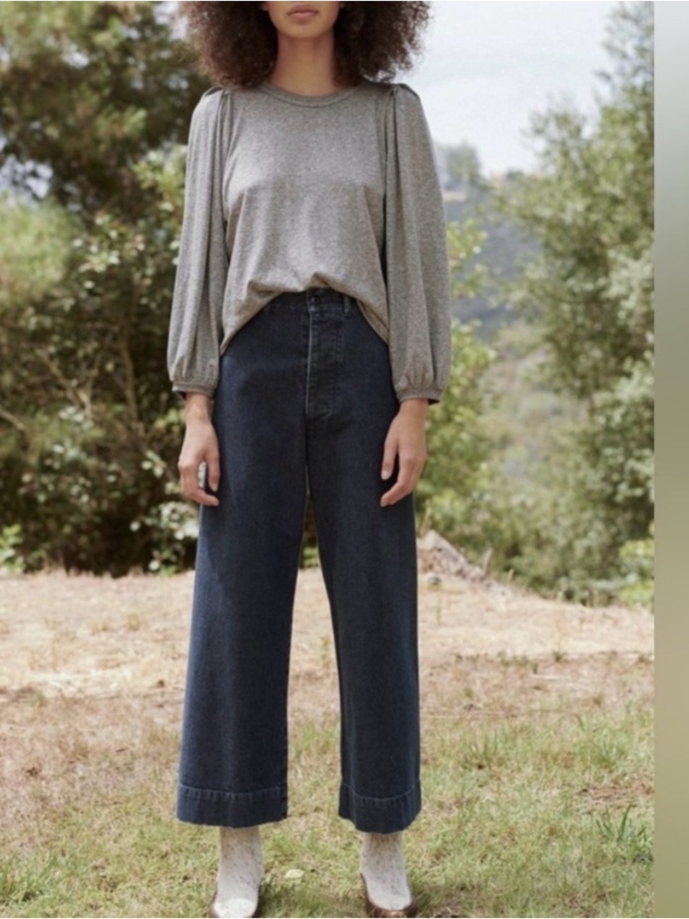 The Great. The Cropped Pleat Sleeve Tee Heather Gray Top Ballon Sleeves S